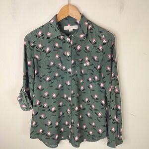 LOFT Floral Button Up ShirtTab Sleeve Olive